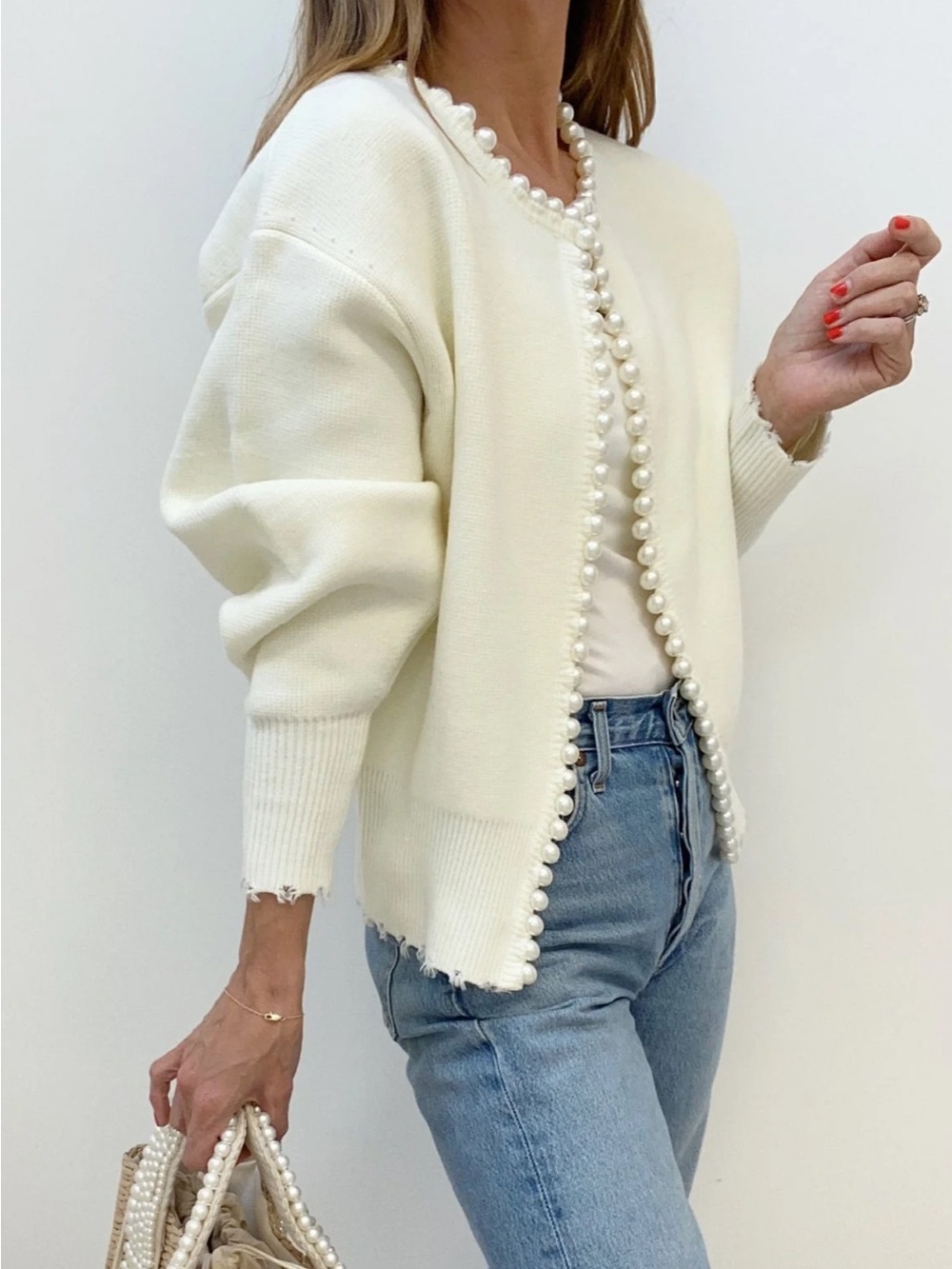 Commense Women's Cream Pearl-Trim Knit Cardigan Sweater Small - Picture 4 of 11
